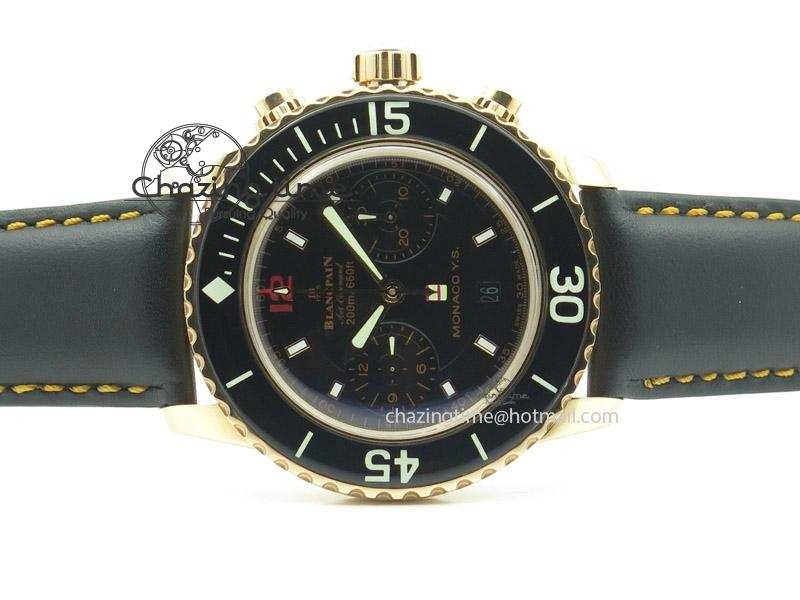 Fifty Fathoms Chronograph Monaco RG Black Dial On Black Leather Strap A7750