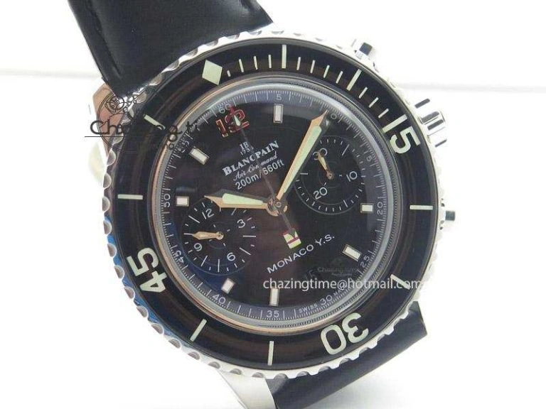 Fifty Fathoms Chronograph Monaco SS Black Dial On Black Leather Strap A7750