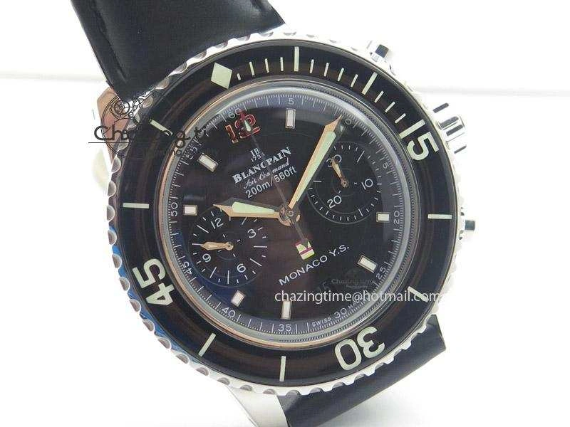 Fifty Fathoms Chronograph Monaco SS Black Dial On Black Leather Strap A7750