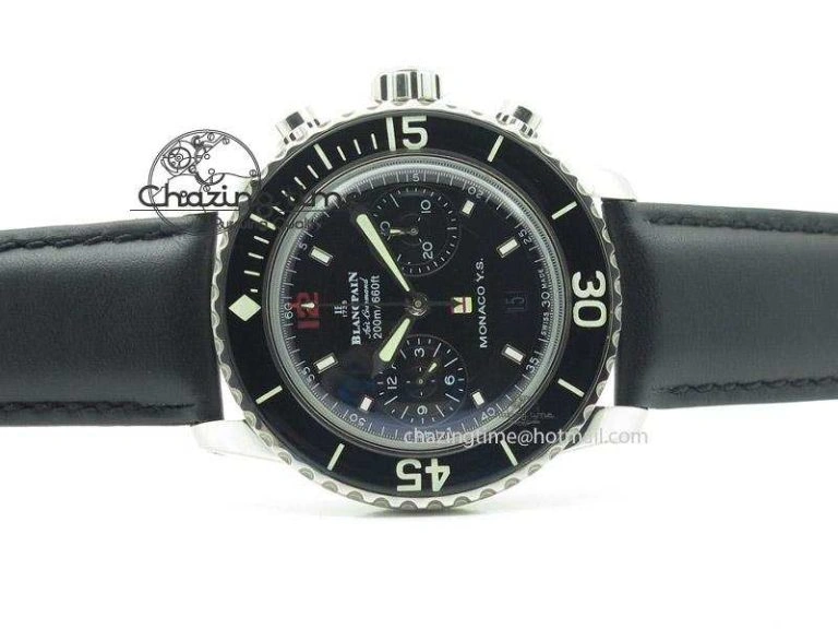 Fifty Fathoms Chronograph Monaco SS Black Dial On Black Leather Strap A7750