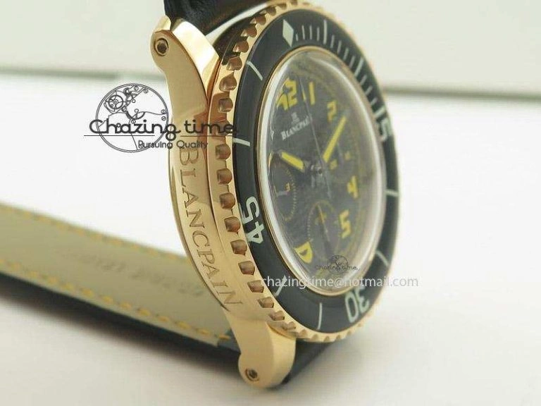 Fifty Fathoms Chronograph RG Black Dial On Black Leather Strap A7750
