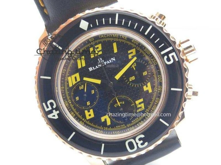 Fifty Fathoms Chronograph RG Black Dial On Black Leather Strap A7750