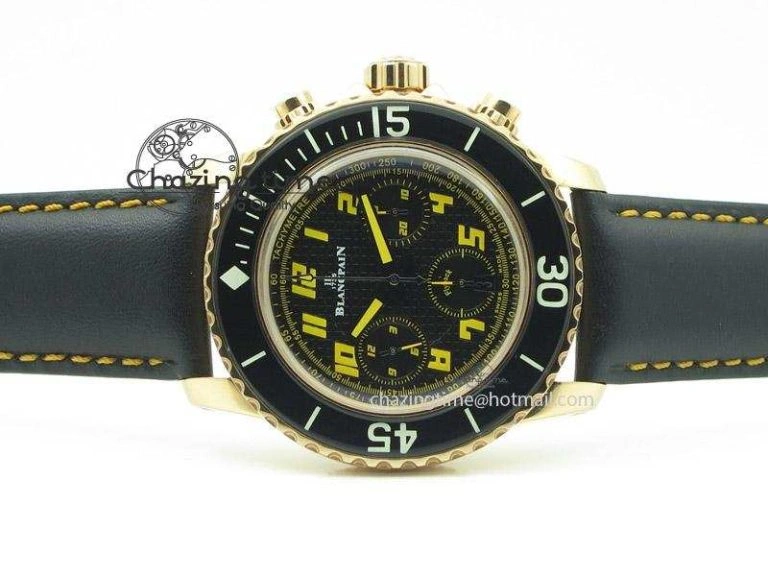 Fifty Fathoms Chronograph RG Black Dial On Black Leather Strap A7750
