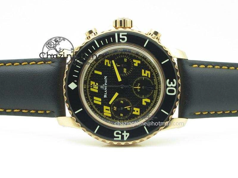 Fifty Fathoms Chronograph RG Black Dial On Black Leather Strap A7750