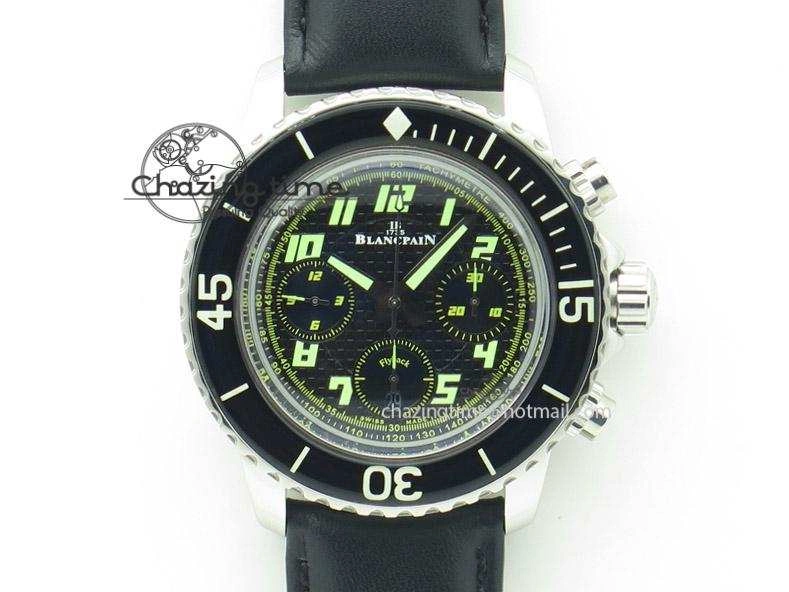Fifty Fathoms Chronograph SS Black Number Markers Dial On Black Leather Strap A7750