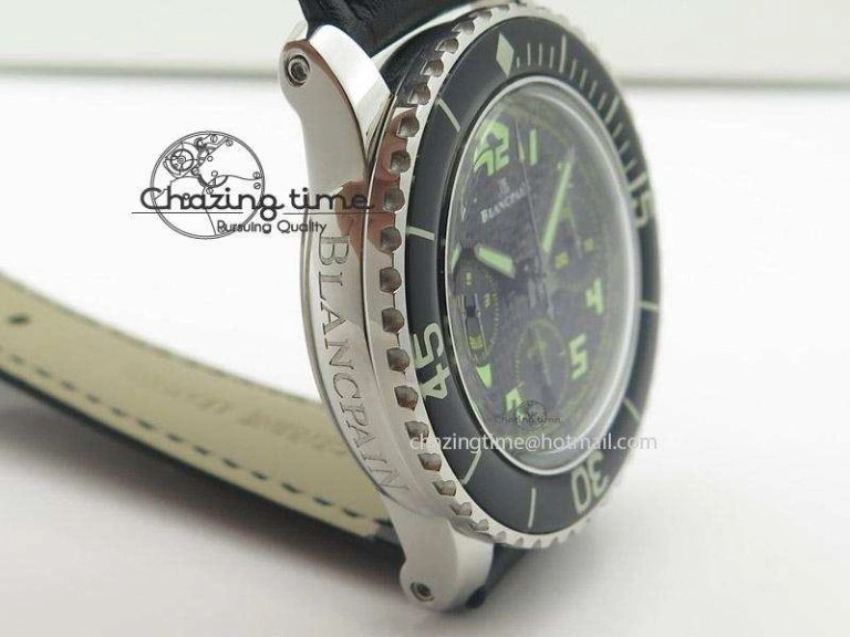 Fifty Fathoms Chronograph SS Black Number Markers Dial On Black Leather Strap A7750