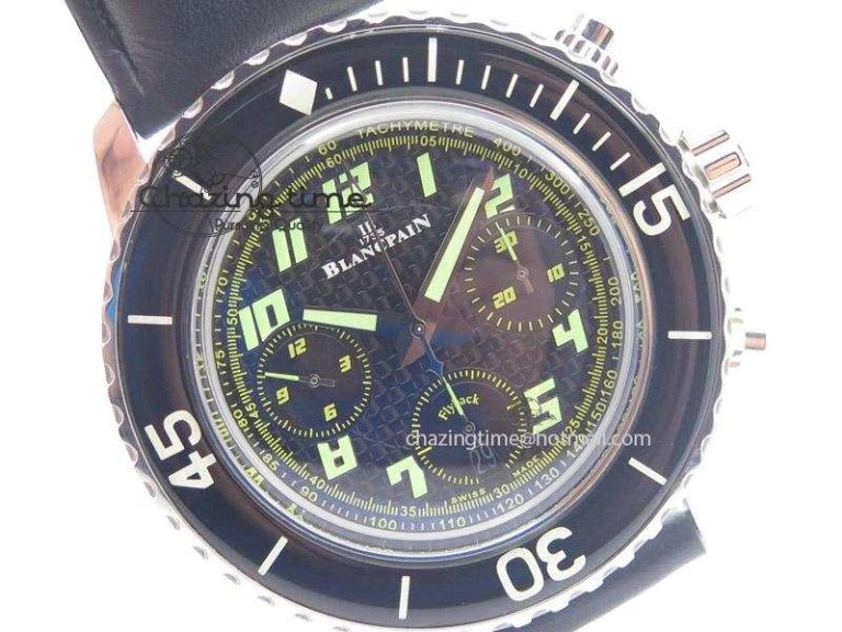 Fifty Fathoms Chronograph SS Black Number Markers Dial On Black Leather Strap A7750