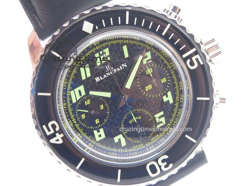 Fifty Fathoms Chronograph SS Black Number Markers Dial On Black Leather Strap A7750
