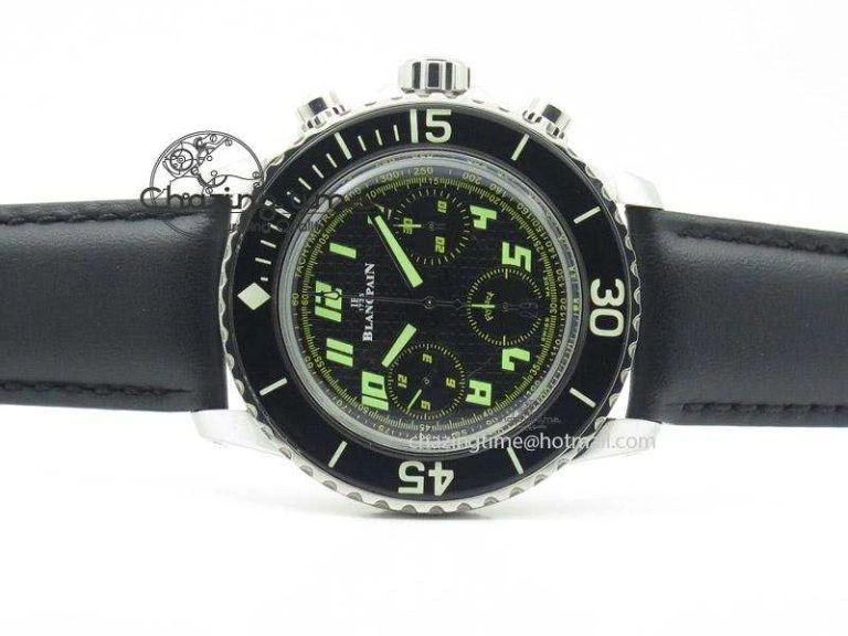 Fifty Fathoms Chronograph SS Black Number Markers Dial On Black Leather Strap A7750