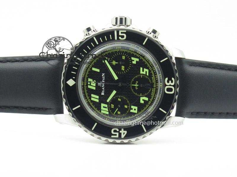 Fifty Fathoms Chronograph SS Black Number Markers Dial On Black Leather Strap A7750