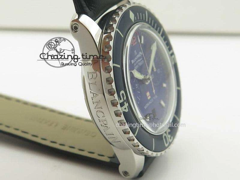Fifty Fathoms Chronograph SS Blue Dial On Black Leather Strap A7750