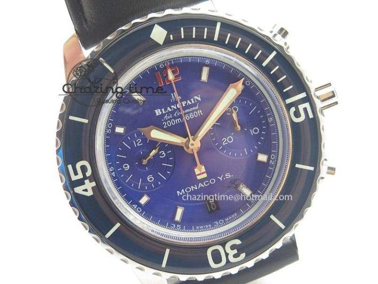 Fifty Fathoms Chronograph SS Blue Dial On Black Leather Strap A7750