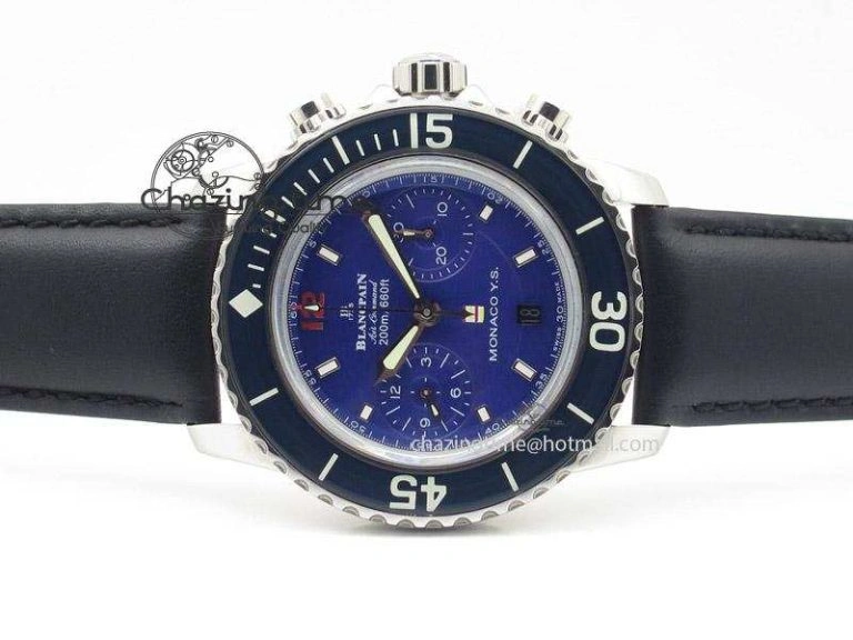 Fifty Fathoms Chronograph SS Blue Dial On Black Leather Strap A7750