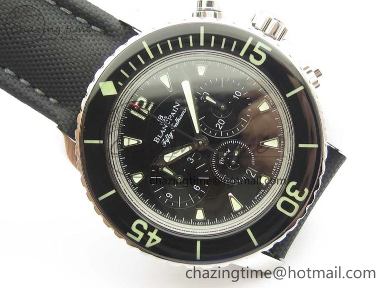 Fifty Fathoms Chronograph SS OMF 1:1 Best Edition Black Dial on Black Nylon Strap A7750