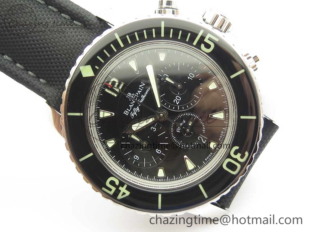 Fifty Fathoms Chronograph SS OMF 1:1 Best Edition Black Dial on Black Nylon Strap A7750
