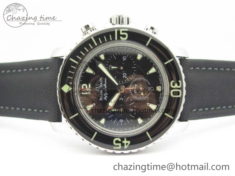 Fifty Fathoms Chronograph SS OMF 1:1 Best Edition Black Dial on Black Nylon Strap A7750