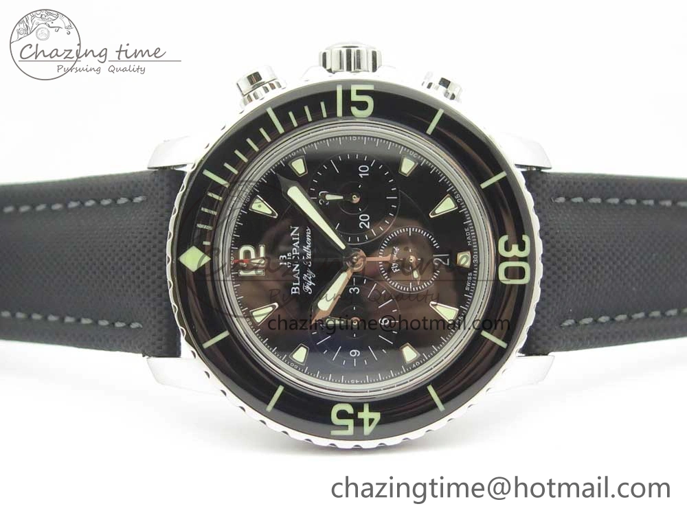 Fifty Fathoms Chronograph SS OMF 1:1 Best Edition Black Dial on Black Nylon Strap A7750