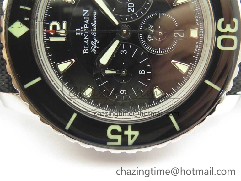 Fifty Fathoms Chronograph SS OMF 1:1 Best Edition Black Dial on Black Nylon Strap A7750