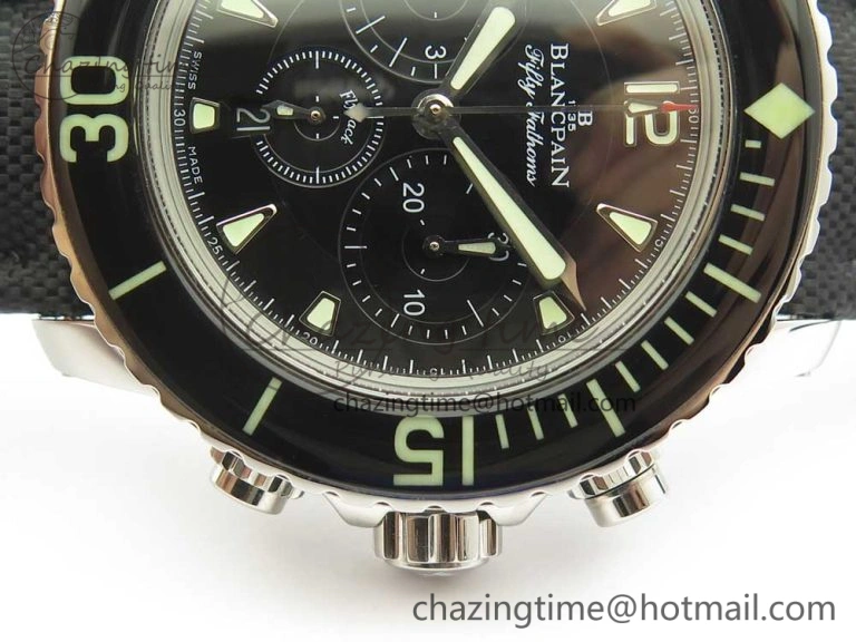 Fifty Fathoms Chronograph SS OMF 1:1 Best Edition Black Dial on Black Nylon Strap A7750