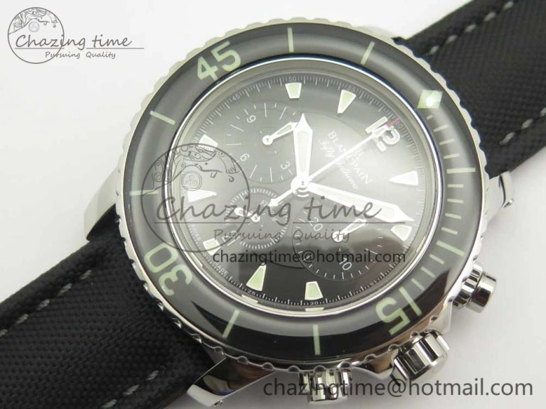 Fifty Fathoms Chronograph SS OMF 1:1 Best Edition Black Dial on Black Nylon Strap A7750