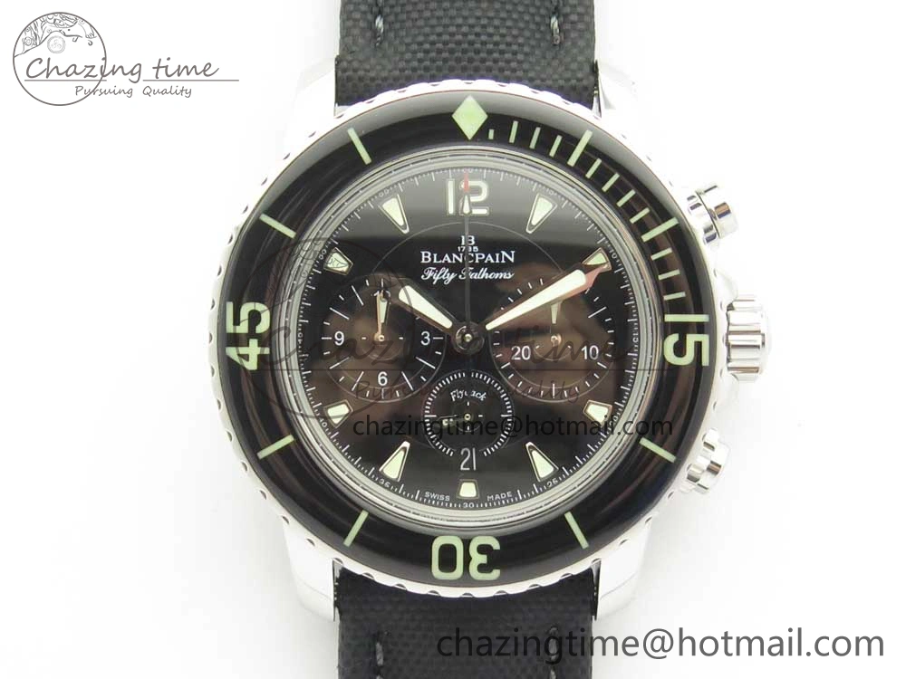 Fifty Fathoms Chronograph SS OMF 1:1 Best Edition Black Dial on Black Nylon Strap A7750