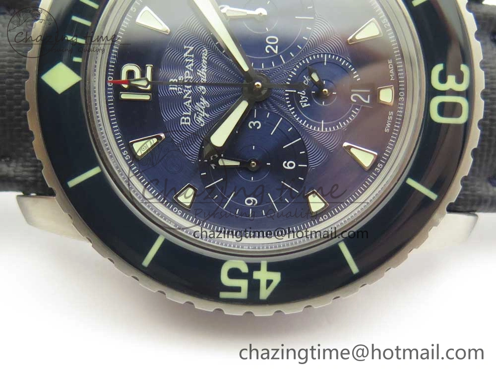 Fifty Fathoms Chronograph SS OMF 1:1 Best Edition Blue Dial on Blue Nylon Strap A7750