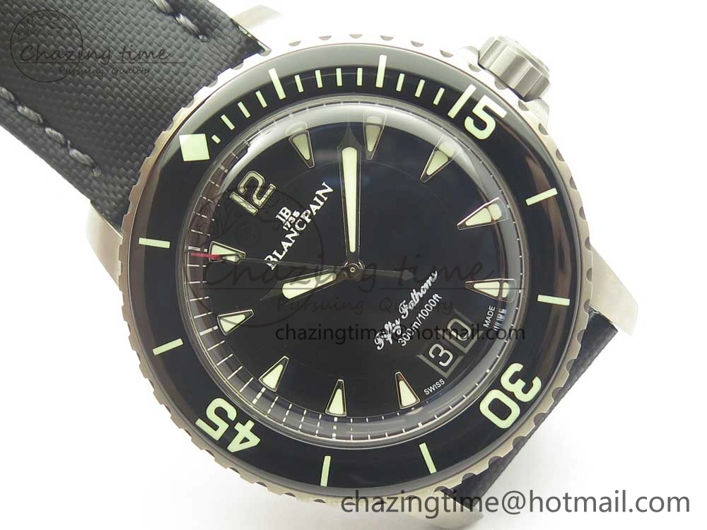 Fifty Fathoms Titanium Big Date Black HGF Best Edition Black Dial on Sail-canvas Strap A6918B (Free Tool And Nylon Strap)