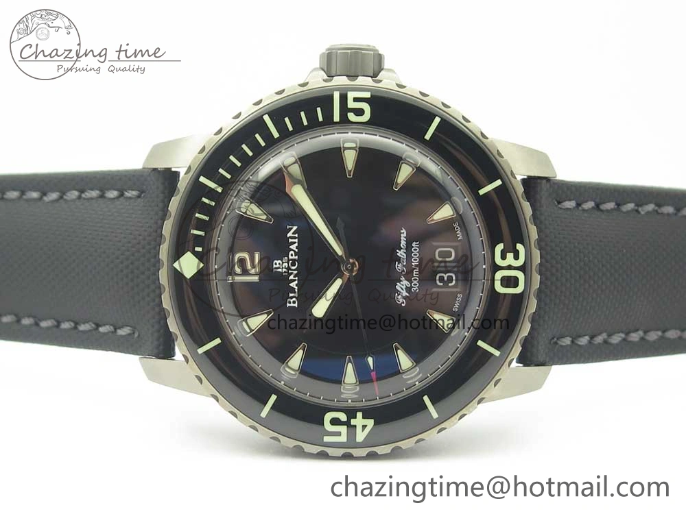 Fifty Fathoms Titanium Big Date Black HGF Best Edition Black Dial on Sail-canvas Strap A6918B (Free Tool And Nylon Strap)