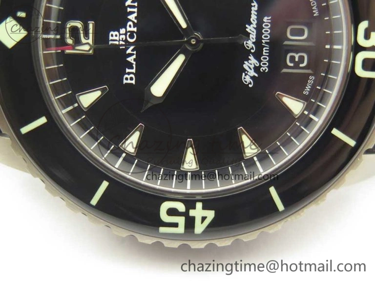 Fifty Fathoms Titanium Big Date Black HGF Best Edition Black Dial on Sail-canvas Strap A6918B (Free Tool And Nylon Strap)