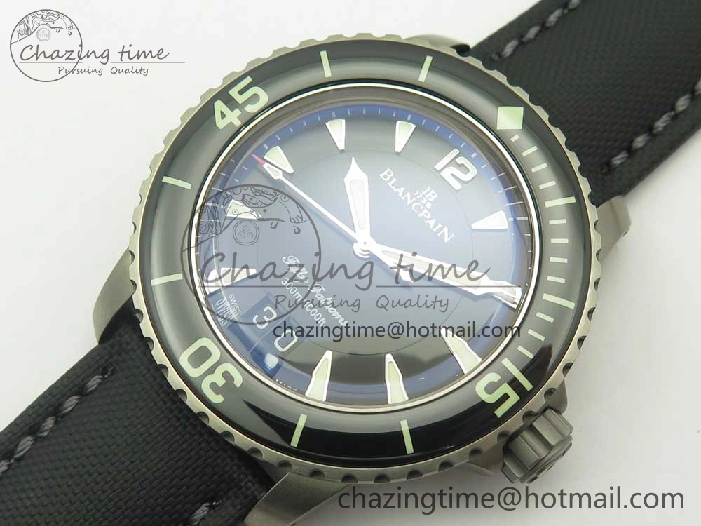 Fifty Fathoms Titanium Big Date Black HGF Best Edition Black Dial on Sail-canvas Strap A6918B (Free Tool And Nylon Strap)