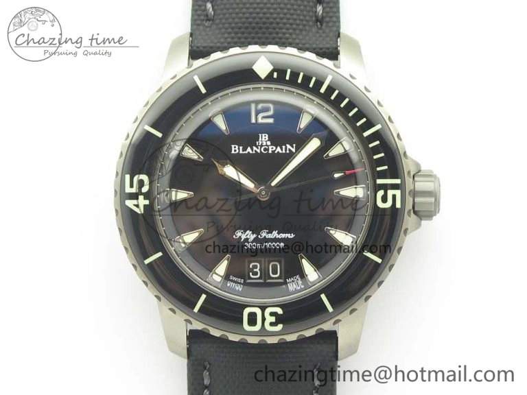 Fifty Fathoms Titanium Big Date Black HGF Best Edition Black Dial on Sail-canvas Strap A6918B (Free Tool And Nylon Strap)