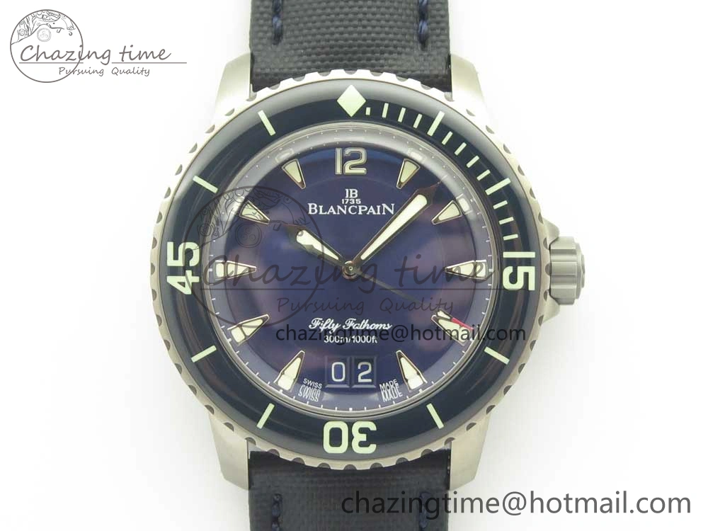 Fifty Fathoms Titanium Big Date Blue HGF Best Edition Blue Dial on Sail-canvas Strap A6918B (Free Tool And Nylon Strap)