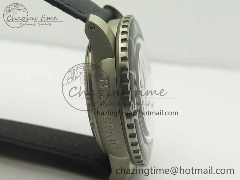 Fifty Fathoms Titanium Big Date Blue HGF Best Edition Blue Dial on Sail-canvas Strap A6918B (Free Tool And Nylon Strap)