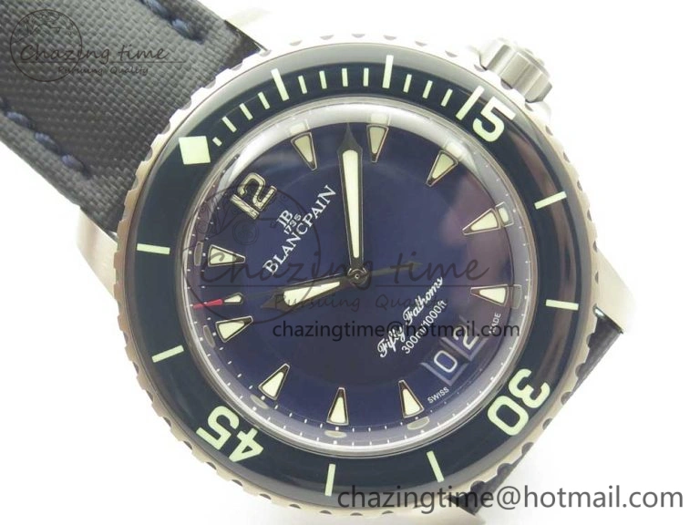 Fifty Fathoms Titanium Big Date Blue HGF Best Edition Blue Dial on Sail-canvas Strap A6918B (Free Tool And Nylon Strap)