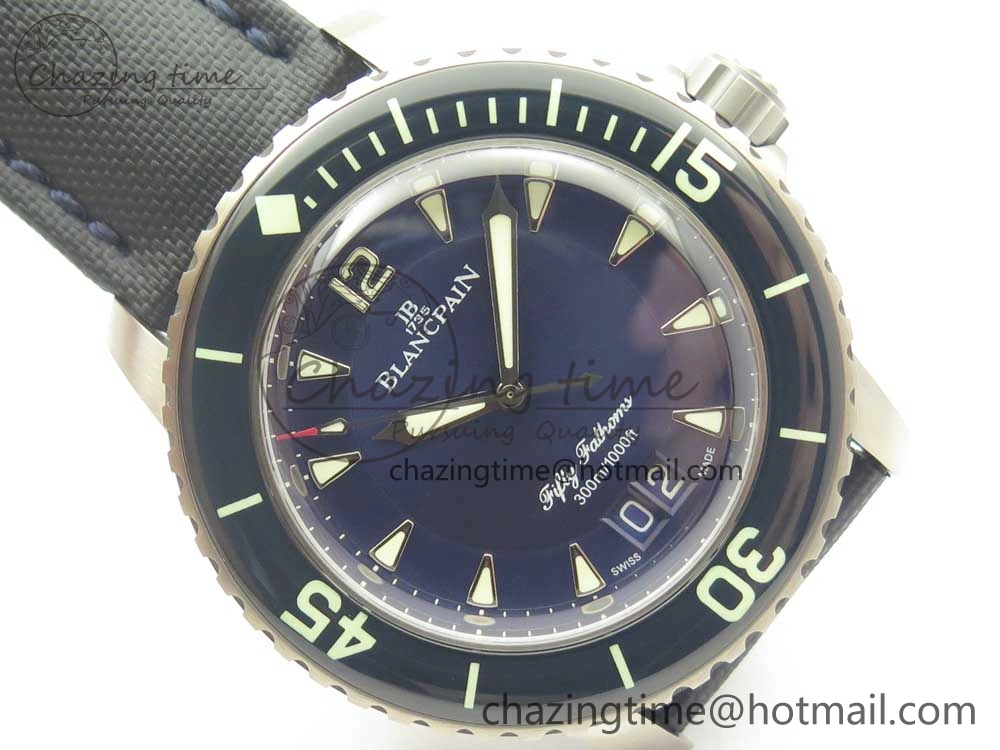 Fifty Fathoms Titanium Big Date Blue HGF Best Edition Blue Dial on Sail-canvas Strap A6918B (Free Tool And Nylon Strap)