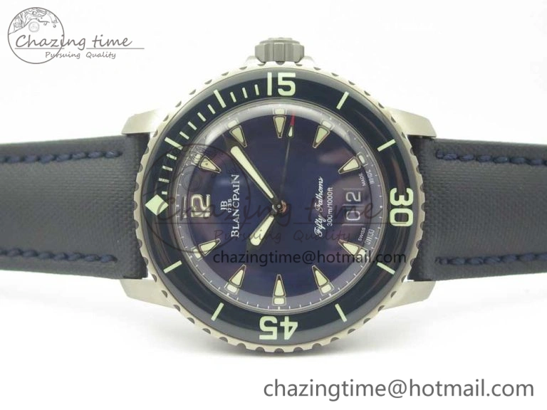 Fifty Fathoms Titanium Big Date Blue HGF Best Edition Blue Dial on Sail-canvas Strap A6918B (Free Tool And Nylon Strap)
