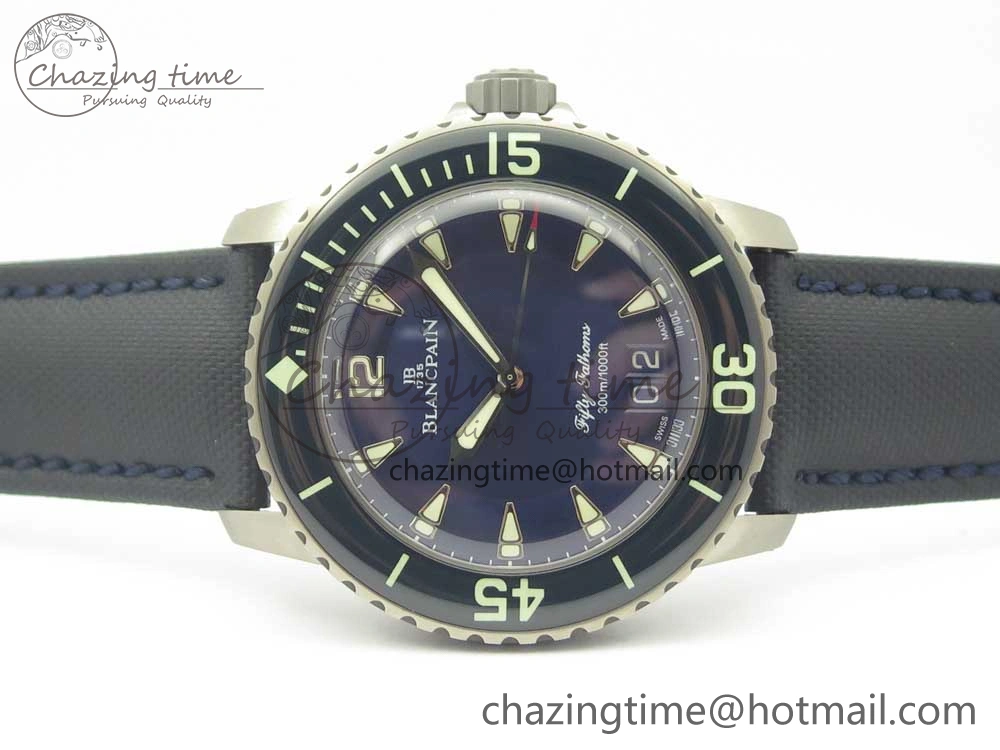 Fifty Fathoms Titanium Big Date Blue HGF Best Edition Blue Dial on Sail-canvas Strap A6918B (Free Tool And Nylon Strap)