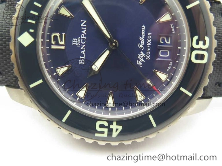 Fifty Fathoms Titanium Big Date Blue HGF Best Edition Blue Dial on Sail-canvas Strap A6918B (Free Tool And Nylon Strap)