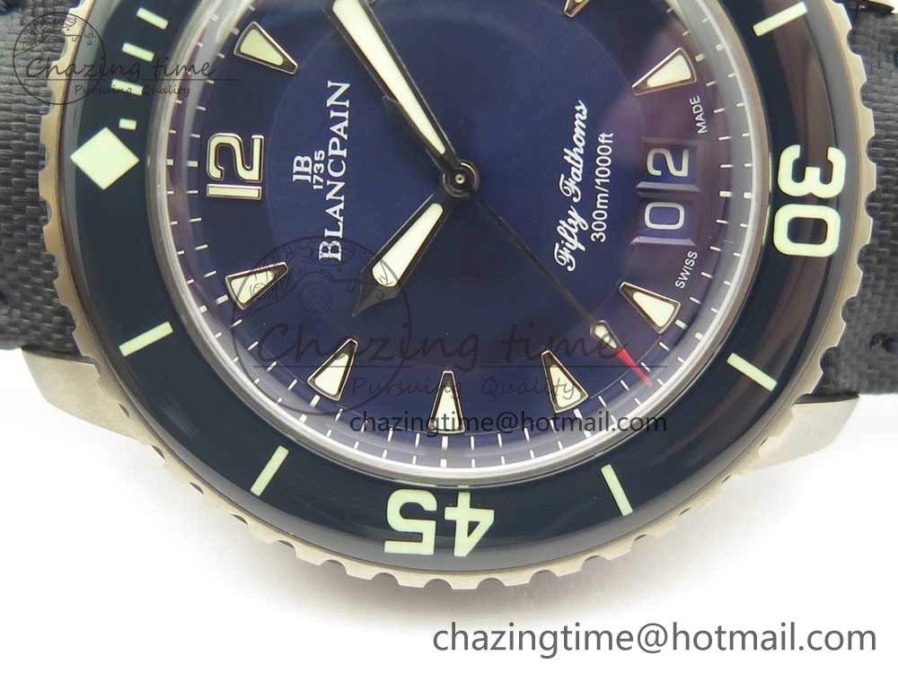 Fifty Fathoms Titanium Big Date Blue HGF Best Edition Blue Dial on Sail-canvas Strap A6918B (Free Tool And Nylon Strap)