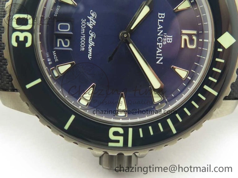 Fifty Fathoms Titanium Big Date Blue HGF Best Edition Blue Dial on Sail-canvas Strap A6918B (Free Tool And Nylon Strap)