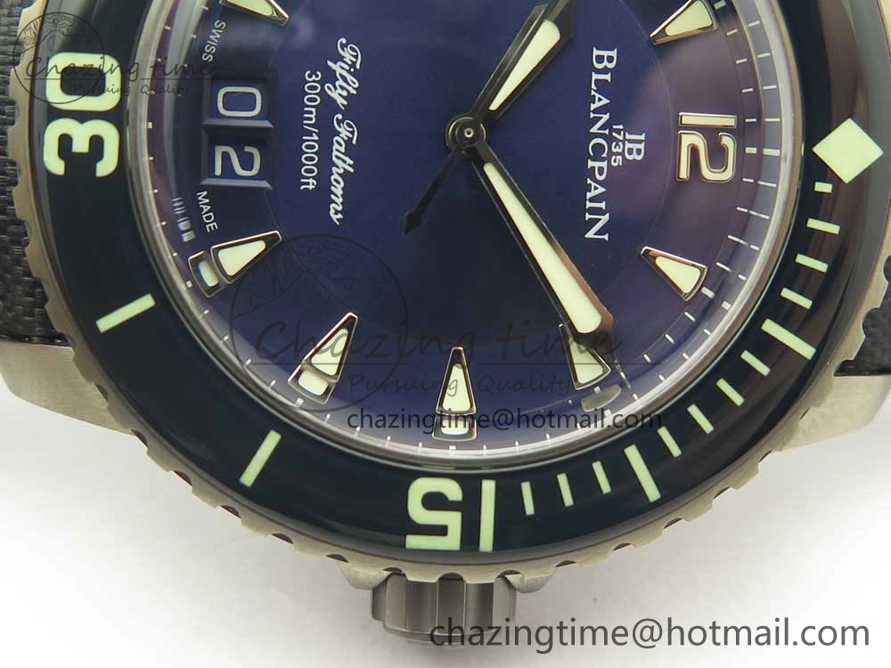 Fifty Fathoms Titanium Big Date Blue HGF Best Edition Blue Dial on Sail-canvas Strap A6918B (Free Tool And Nylon Strap)