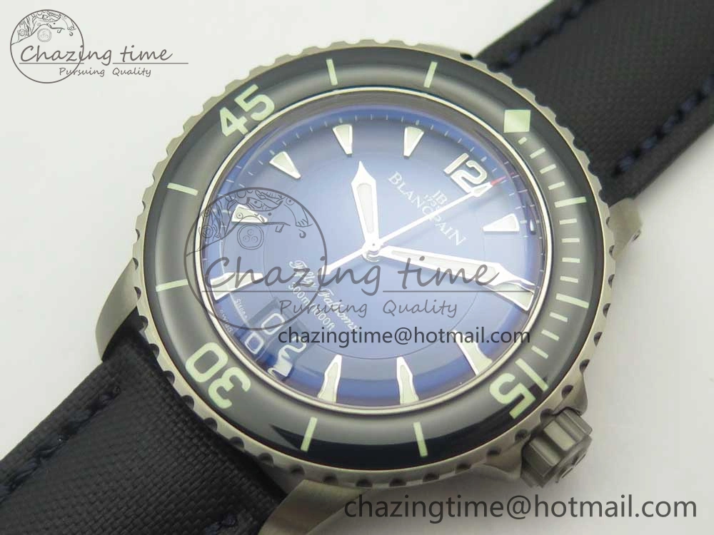 Fifty Fathoms Titanium Big Date Blue HGF Best Edition Blue Dial on Sail-canvas Strap A6918B (Free Tool And Nylon Strap)