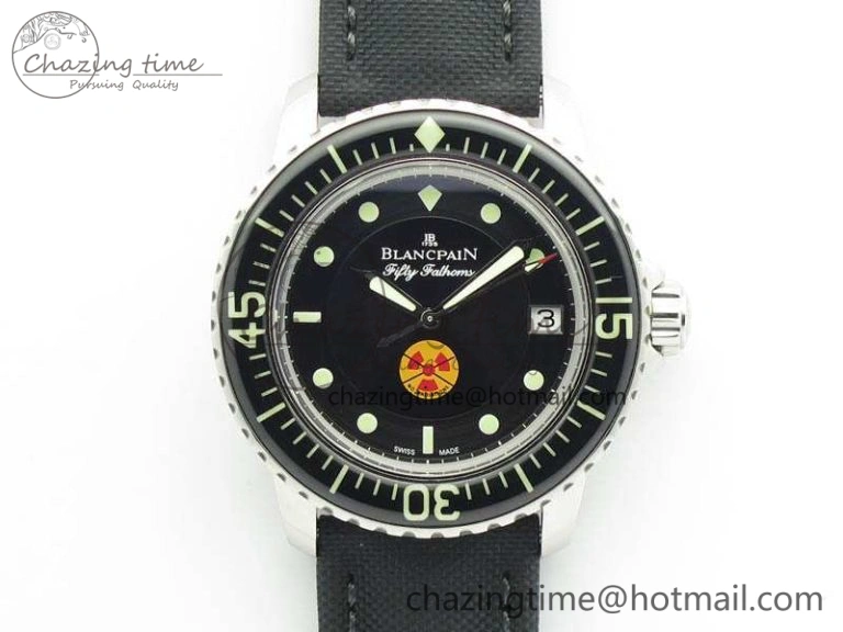 Fifty Fathoms Titanium Big Date Blue HGF Best Edition Blue Dial on Sail-canvas Strap A6918B (Free Tool And Nylon Strap)
