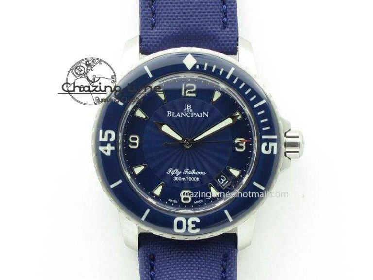 Fifty Fathoms Titanium Big Date Blue HGF Best Edition Blue Dial on Sail-canvas Strap A6918B (Free Tool And Nylon Strap)