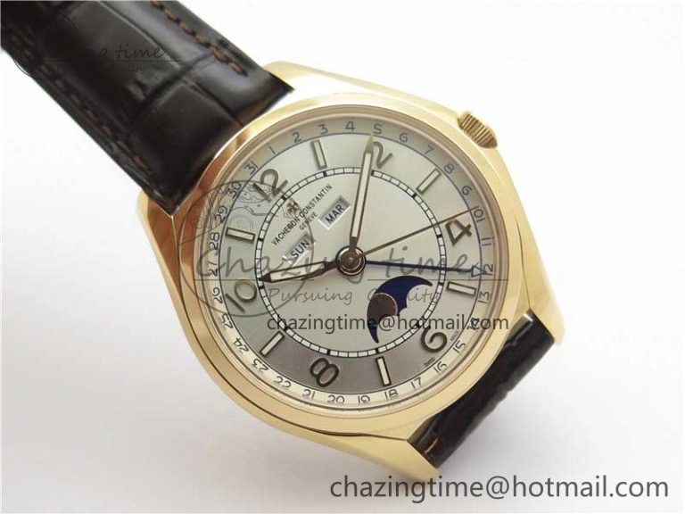 Fiftysix Complete Calendar RG 40mm ZF 1:1 Best Edition White Dial on Brown Leather Strap A2460