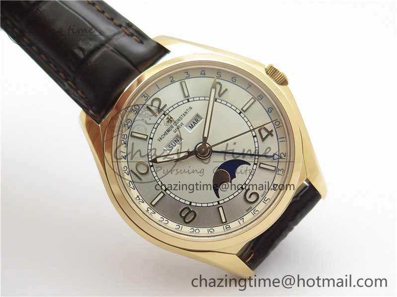 Fiftysix Complete Calendar RG 40mm ZF 1:1 Best Edition White Dial on Brown Leather Strap A2460