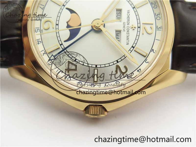 Fiftysix Complete Calendar RG 40mm ZF 1:1 Best Edition White Dial on Brown Leather Strap A2460