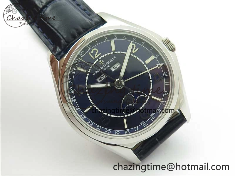 Fiftysix Complete Calendar SS 40mm ZF 1:1 Best Edition Blue Dial on Blue Leather Strap A2460