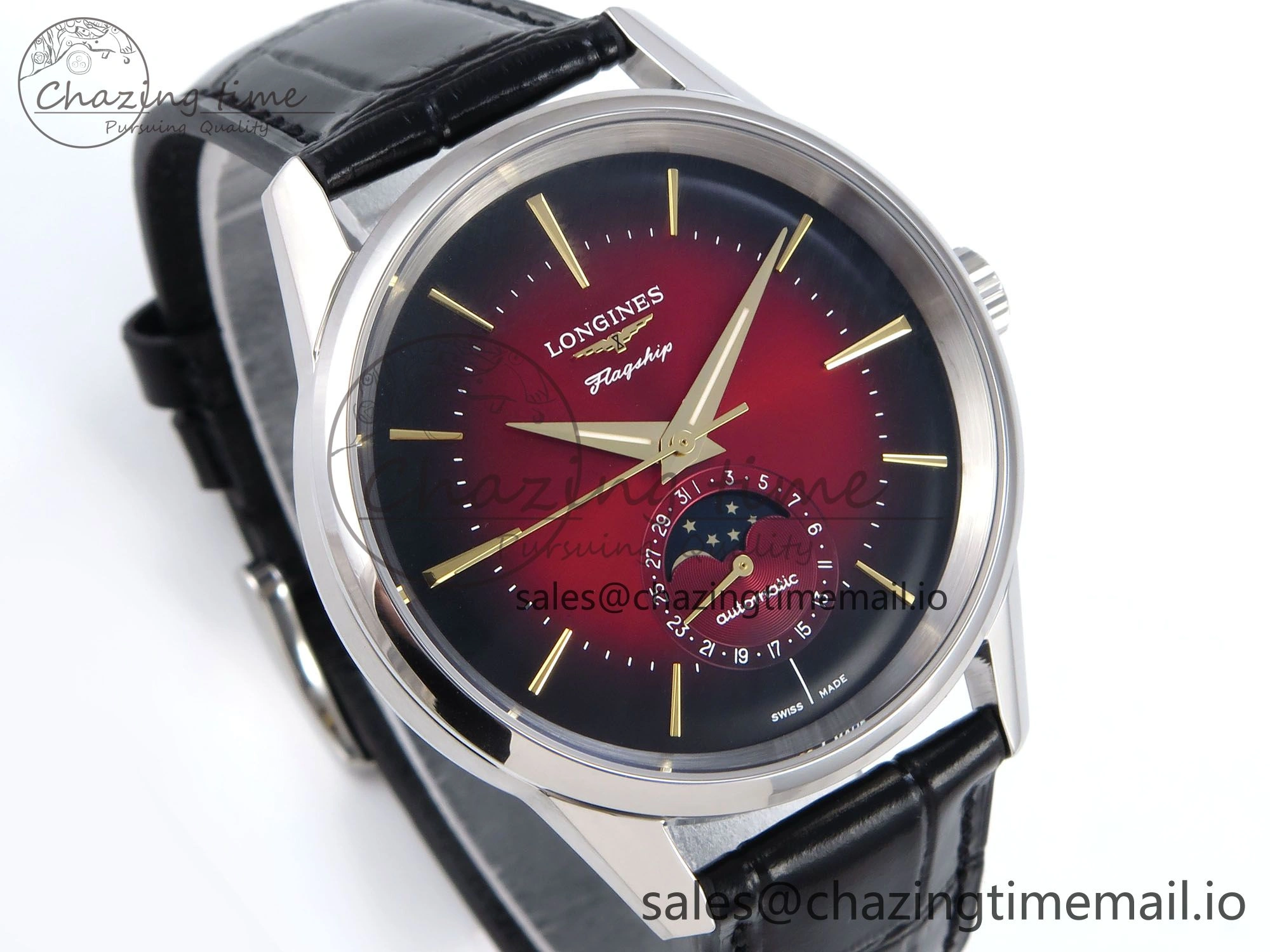 Flagship Heritage Moonphase SS APSF 1:1 Best Edition Red Dial on Black Leather Strap A2892