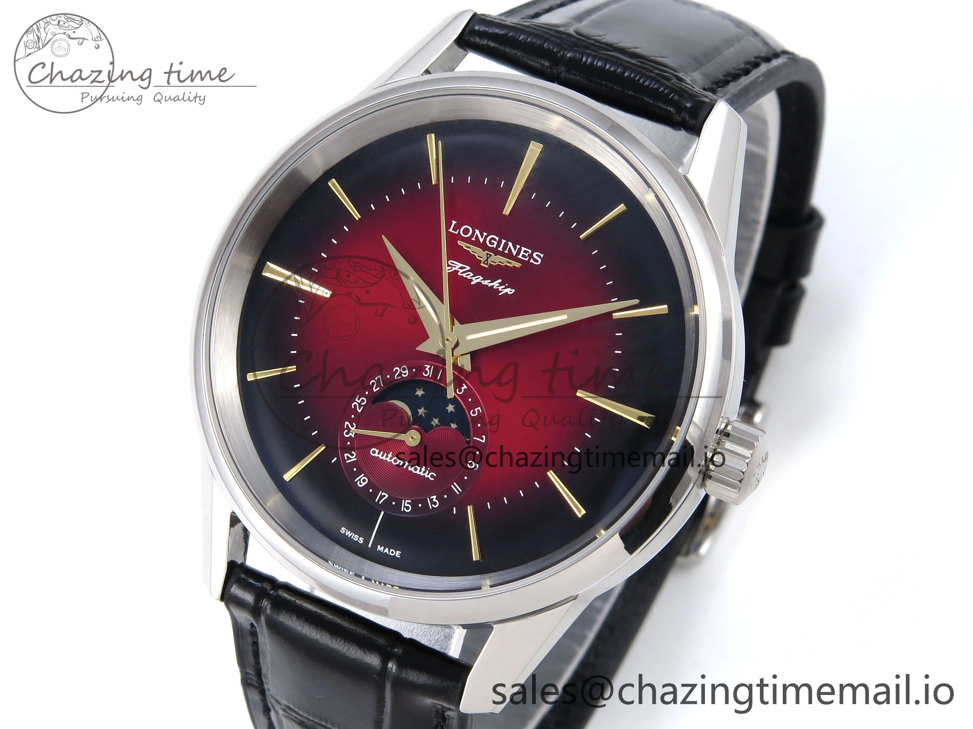 Flagship Heritage Moonphase SS APSF 1:1 Best Edition Red Dial on Black Leather Strap A2892